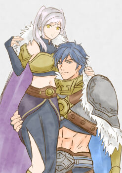 1boy 1girl abs alternate_costume armlet armor armpit_crease bare_shoulders belt belt_buckle blue_eyes blue_hair breastplate breasts buckle cape chrom_(fire_emblem) collar couple crop_top curled_fingers elbow_gloves expressionless eyelashes female_robin_(fire_emblem) fingerless_gloves fingernails fire_emblem fire_emblem_awakening fur-trimmed_cape fur_trim gauntlets gloves hands_up highres intelligent_systems jewelry legs lifting_person light_smile long_hair long_skirt looking_at_viewer matching_hair/eyes medium_breasts midriff moverabbit0305 multiple_belts muscular_arms navel short_hair shoulder_armor side_slit sidelocks sitting_on_arm skirt smug swept_bangs thighs toned toned_male twintails white_hair yellow_eyes