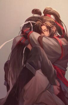 2boys ahoge black_boots black_hair black_hanfu black_pants black_ribbon boots brown_eyes brown_hair chinese_clothes chinese_commentary clothed_sex clothes_pull covered_mouth grey_background grey_eyes hair_over_one_eye hair_ribbon hand_on_another&#039;s_ass hand_on_another&#039;s_back hanfu headband high_ponytail highres hug implied_sex knee_up lan_wangji leg_lock long_hair long_sleeves looking_at_viewer male_focus modao_zushi multiple_boys pants pants_pull ponytail red_ribbon red_sash ribbon robe sash sevenmileorz sex sidelocks simple_background sitting sleeves_past_wrists standing_leg_lock suspended_congress topknot very_long_hair watermark wei_wuxian white_hanfu white_headband white_pants white_ribbon wide_sleeves xiao_guan_(headdress) yaoi
