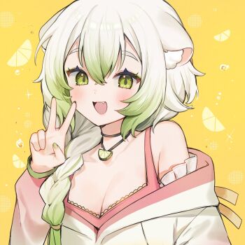 1girl animal_ears braid braided_ponytail breasts cleavage eyeliner ferret_ears ferret_girl ferret_tail food fruit green_eyeliner green_eyes green_hair green_nails highres indie_virtual_youtuber jewelry laimu_(vtuber) lime_(fruit) makeup necklace open_mouth v virtual_youtuber white_hair yellow_background yenkoes