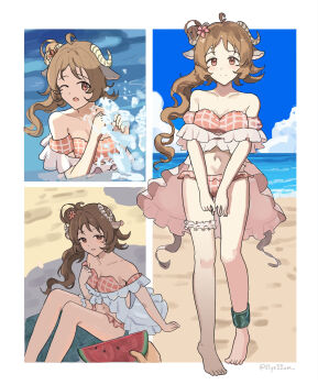 1girl ahoge animal_ears arknights beach bikini blush breasts brown_hair closed_mouth commentary curled_horns day elysiium english_commentary eyjafjalla_(arknights) eyjafjalla_(summer_flower)_(arknights) flower frilled_thigh_strap grey_horns hair_flower hair_ornament highres horns infection_monitor_(arknights) long_hair medium_breasts multiple_views navel ocean official_alternate_costume one_eye_closed open_mouth outdoors pink_bikini pink_eyes pink_flower plaid_bikini plaid_clothes sheep_ears sheep_girl sheep_horns sitting split_mouth standing swimsuit thigh_strap v_arms water