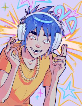 Rule 34 | 1boy, arms up, bead necklace, beads, blue hair, crew neck, goleum7, gorillaz, grey eyes, grin, hashtag-only commentary, headphones, highres, jewelry, male focus, missing tooth, necklace, orange shirt, shirt, short hair, short sleeves, smile, solo, star (symbol), stuart pot, teeth, thick eyebrows, uneven eyes