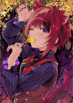 1boy animal_ears arm_up black_nails candy dog_ears dog_tail food hair_between_eyes highres holding holding_candy holding_food holding_lollipop lollipop lollipop_in_mouth long_sleeves looking_at_viewer male_focus mashiro_nico necktie one_eye_closed pinstripe_pattern pinstripe_shirt purple_eyes red_hair red_necktie red_vest rinu_(stpri) shirt short_hair solo strawberry_prince tail upper_body vest yellow_leaves