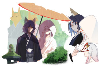 Rule 34 | 2girls, animal ears, black kimono, blue eyes, bush, cho kaguya-hime!, closed mouth, commentary request, eyeliner, forehead jewel, fox ears, fox mask, fox shadow puppet kiss, highres, hinagi (fox priest), japanese clothes, kimono, long hair, looking at viewer, makeup, mask, multiple girls, oil-paper umbrella, outdoors, purple hair, rain, red eyeliner, runami yachiyo, sakayori iroha, short hair, smile, uchikake, umbrella, veil, white hair, white kimono, wife and wife, yellow eyes, yuri