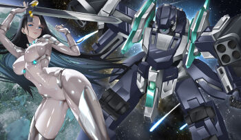 1girl absurdres black_hair blue_eyes bodysuit breasts covered_navel grey_bodysuit highres holding holding_sword holding_weapon impossible_bodysuit impossible_clothes indy_k large_breasts lips long_hair looking_at_viewer mecha original robot science_fiction shiny_clothes solo space sword weapon