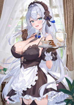 1girl :d apron aqua_eyes bare_shoulders black_dress black_gloves black_thighhighs blue_bow blue_bowtie blush bow bowtie breasts commentary_request covered_erect_nipples cowboy_shot crossed_bangs cup curtains detached_collar dress gloves highres holding indoors large_breasts long_hair looking_at_viewer maid open_mouth original petals sg_(satoumogumogu) shion_alfine_(satoumogumogu) smile solo teacup teapot thighhighs white_apron white_hair