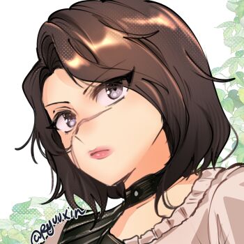 1girl artist_name black_choker brown_hair choker closed_mouth commentary english_commentary grey_eyes highres lips looking_at_viewer original parted_bangs pink_lips portrait ryuuxin scar scar_on_face short_hair solo