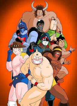 1980s_(style) 6+boys abs armor black_hair blank_eyes blonde_hair brocken_jr. buffalo_bell clenched_hands cowboy_hat facial_hair geronimo_(kinnikuman) grin hair_over_eyes hat helmet horns kinniku_suguru kinnikuman kinnikuman_(character) long_hair looking_at_viewer manly military_hat military_uniform multiple_boys muscular mustache official_art oldschool pectorals ramenman rikishiman robin_mask shaded_face short_hair simple_background smile terryman toei_company warsman wrestling wrestling_outfit