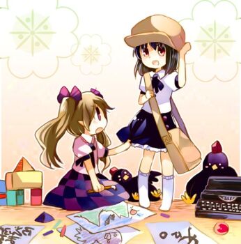 Rule 34 | 2girls, aged down, bag, black hair, black skirt, blocks, bow, brown hair, calligraphy, calligraphy brush, checkered clothes, checkered skirt, crayon, doll, flat cap, hair bow, hand on headwear, handbag, hat, himekaidou hatate, multiple girls, oimoto jirou, open mouth, paintbrush, paper, pointy ears, puffy short sleeves, puffy sleeves, purple bow, purple eyes, red eyes, shameimaru aya, shirt, short sleeves, skirt, skirt tug, smile, tokin hat, touhou, twintails, typewriter, white legwear, white shirt