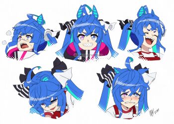 Rule 34 | 1girl, ahoge, animal ears, blue eyes, blue hair, closed eyes, commentary, crossed bangs, crying, heterochromia, highres, hood, hoodie, horse ears, horse girl, long hair, mergeritter, multicolored hair, multicolored hoodie, multiple expressions, open mouth, portrait, purple eyes, race bib, sharp teeth, shirt, sidelocks, simple background, smile, sweat, tearing up, teeth, twin turbo (blast mode! turbo engine) (umamusume), twin turbo (umamusume), twintails, umamusume, white background, white shirt