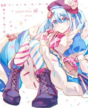 1girl 2026 absurdres apron aqua_eyes aqua_hair asymmetrical_legwear beret blue_dress blush boots brown_boots cake character_name closed_mouth commentary cookie_hair_ornament detached_sleeves dress food food-themed_hair_ornament fortissimo frilled_apron frills hair_between_eyes hair_ornament hat hatsune_miku highres holding holding_food long_hair macaron maid_apron mismatched_legwear mkmk_tttu musical_note musical_note_hair_ornament necktie official_alternate_costume official_alternate_hairstyle pantyhose pink_necktie puffy_short_sleeves puffy_sleeves short_sleeves solo swiss_roll twintails very_long_hair vocaloid white_apron white_pantyhose yuki_miku yuki_miku_(2026)