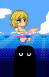1girl animated bikini bikini_bottom_aside blonde_hair brown_eyes clothing_aside cum cum_in_pussy cum_overflow dithering ejaculation innertube internal_cumshot monster ocean original partially_submerged penis pixel_art pussy sex skirt swim_ring swimsuit testest vaginal video water