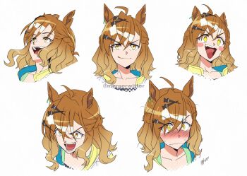 ahoge animal_ears blush blush_stickers braid brown_hair closed_mouth collarbone hair_between_eyes hair_ornament hairclip half_up_braid half_up_half_down_braid highres horse_ears horse_girl jacket jewelry jungle_pocket_(champion&#039;s_battle_cry)_(umamusume) jungle_pocket_(umamusume) medium_hair mergeritter multiple_expressions notched_ear open_mouth portrait simple_background smile sweat teeth tongue umamusume white_background yellow_eyes yellow_jacket