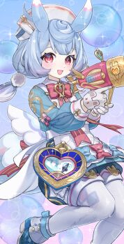 1girl absurdres antennae aqua_hair aqua_jacket blush bow bubble genshin_impact gloves gun hair_between_eyes hat highres holding holding_gun holding_weapon jacket long_hair long_sleeves looking_at_viewer low_wings melusine_(genshin_impact) nurse nurse_cap open_mouth pantyhose pink_bow red_eyes sairei_mon shoes short_shorts short_twintails shorts sigewinne_(genshin_impact) smile solo tail twintails weapon white_gloves white_pantyhose white_shoes wings