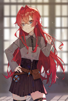 1girl absurdres ange_katrina ange_katrina_(4th_costume) belt belt_pouch black_necktie black_skirt blue_eyes blurry blurry_background breasts brown_belt closed_mouth collared_shirt commentary cowboy_shot crossed_bangs fang_qiao flask glasses gradient_eyes grey_shirt hair_between_eyes hair_intakes hair_ornament hand_in_own_hair hand_on_own_hip hand_up high-waist_skirt highres light_particles long_hair long_sleeves looking_at_viewer miniskirt multicolored_eyes muntins necktie nijisanji pink_eyes pleated_skirt pleated_sleeves pouch red_hair round-bottom_flask shirt shirt_tucked_in skirt small_breasts solo split_mouth square-end_necktie standing star_(symbol) star_hair_ornament thigh_strap variant_set very_long_hair virtual_youtuber window