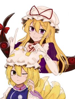 Rule 34 | 2girls, 83mkneinlsqmebq, animal ears, blonde hair, blue tabard, blush, closed mouth, collarbone, commentary, dress, elbow gloves, fox ears, fox tail, gap (touhou), gloves, hat, hat ribbon, highres, index finger raised, long hair, long sleeves, mob cap, multiple girls, multiple tails, neck ribbon, puffy short sleeves, puffy sleeves, purple dress, purple eyes, red ribbon, ribbon, short hair, short sleeves, sidelocks, simple background, smile, tabard, tail, touhou, white background, white dress, white gloves, white hat, wide sleeves, yakumo ran, yakumo yukari, yellow eyes