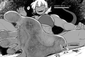 1girl 3boys :d armor bare_shoulders beckoning bra bracelet breasts cape cave choker cleavage commentary covered_erect_nipples crushing defeat demon_girl demon_horns demon_tail dirty dirty_feet dutch_angle feet foot_focus from_below gameplay_mechanics giant giantess headband health_bar highres holding holding_sword holding_weapon horns huge_breasts hunter_rank_e indian_style jewelry legs_apart looking_down multiple_boys muscular muscular_female musical_note nail_polish open_mouth original outline ring sharp_teeth short_hair sitting size_difference slit_pupils smile soles sword tail teeth underboob underwear weapon