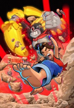 1boy 1girl alternate_form animal_ears arms_up artist_name banana barefoot black_eyes blue_jeans bracelet brown_fur brown_hair closed_eyes debris donkey_kong donkey_kong_(series) donkey_kong_bananza dynamic_pose feet food foot_focus fruit furry furry_male gorrila hair_ornament jewelry light_rays microphone music necktie nintendo open_mouth pauline pauline_(mario) pauline_(young)_(mario) punching red_necktie red_shirt rock sammytighe shirt short_hair singing smashing soles tank_top teeth toes