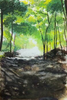 day harusa1107 highres no_humans original outdoors painting_(medium) park path plant road scenery shadow sunlight traditional_media tree