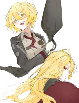 Rule 34 | 1girl, 2girls, badge, black coat, blonde hair, blush, button badge, coat, collared shirt, commentary request, don quixote (project moon), feathers, highres, holding, holding weapon, jacket, la manchaland (identity) (project moon), lance, limbus company, long hair, long sleeves, looking at viewer, multiple girls, necktie, open mouth, pants, parted bangs, polearm, project moon, red eyes, red feathers, red fur, red necktie, ritaritatter96, sancho (project moon), shirt, short hair, smile, weapon, white background, white shirt, yellow eyes