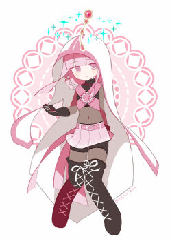 Rule 34 | 1girl, absurdres, belt, bike shorts, black boots, black gloves, blunt bangs, bodysuit, boots, braid, cloak, commentary request, full body, gloves, highres, hood, hooded cloak, lace-up boots, long hair, magia record: mahou shoujo madoka magica gaiden, mahou shoujo madoka magica, midriff, navel, pink belt, pink eyes, pink hair, pleated skirt, see-through bodysuit, see-through clothes, skirt, solo, tamaki iroha, tanba (tanba-art), white background