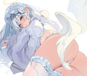 1girl :s anus anus_peek ass ass_focus blush bow closed_mouth commentary_request crop_top cup feathered_wings frilled_hairband frilled_sleeves frilled_thighhighs frills from_behind hairband halo highres holding holding_cup juliet_sleeves lolita_hairband long_hair long_sleeves looking_at_viewer looking_back lying momokan_(kandume200) on_side original panties partially_visible_vulva pointy_ears puffy_sleeves signature simple_background solo thighhighs underwear white_background white_bow white_hair white_hairband white_panties white_thighhighs white_wings wings yellow_eyes