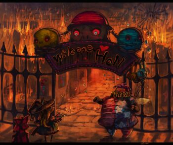 2girls amusement_park balloon blonde_hair burning clownpiece ferris_wheel fire hakurei_reimu hat hecatia_lapislazuli hell jester_cap kirisame_marisa koto_inari letterboxed long_hair multiple_girls touhou witch_hat