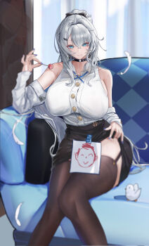 1girl absurdres bird black_choker black_skirt black_thighhighs blue_archive blue_eyes blue_nails blurry breasts buttons candy choker closed_mouth clothes_lift collared_shirt commentary_request couch crossed_bangs depth_of_field doodle_sensei_(blue_archive) falling_feathers feathers female_sensei_(blue_archive) fine_fabric_emphasis food garter_straps glint grey_hair hair_between_eyes hair_intakes hair_ornament hairclip hand_up highres holding holding_candy holding_food holding_lollipop indoors jacket large_breasts light_blush lollipop long_hair long_sleeves looking_at_viewer miniskirt nail_polish off_shoulder office_lady on_couch open_clothes open_jacket original paper parallel_hairclips pencil_skirt pillow sanseki-hahn sensei_(blue_archive) shirt shirt_tucked_in sidelocks sitting skirt skirt_lift sleeveless sleeveless_shirt smile solo thighhighs thighs very_long_hair white_jacket white_shirt window