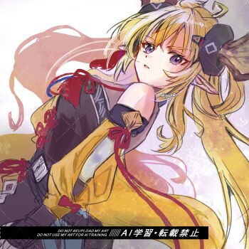 Rule 34 | 1girl, ahoge, arknights, bare shoulders, belt buckle, black dress, blonde hair, breasts, brown horns, buckle, chinese clothes, commentary request, detached sleeves, dress, dutch angle, elbow cutout, elbow gloves, expressionless, fingerless gloves, from side, gloves, hair between eyes, highres, horns, leizi (arknights), leizi the thunderbringer (arknights), long hair, looking at viewer, medium breasts, parted lips, pointy ears, purple eyes, red ribbon, ribbon, signature, sketch, sleeveless, sleeveless dress, solo, touno (akarino), twintails, watermark, yellow sleeves