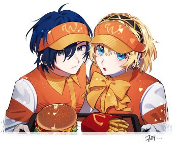 Rule 34 | 1boy, 1girl, :o, aigis (persona), alternate costume, blonde hair, blue eyes, blue hair, border, bow, bowtie, burger, closed mouth, collared shirt, elulit2, employee uniform, expressionless, fast food, fast food uniform, food, frown, grey eyes, hair between eyes, holding, holding tray, korean text, long sleeves, looking at viewer, open mouth, orange headwear, orange vest, persona, persona 3, shirt, short hair, simple background, translation request, tray, upper body, vest, visor cap, white background, white border, white shirt, wing collar, yellow bow, yuuki makoto (persona 3)