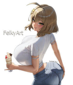 1girl ahoge anis_(nikke) breasts brown_hair cat_hair_ornament denim feikyart food goddess_of_victory:_nikke hair_ornament highres holding holding_food holding_ice_cream ice_cream jeans large_breasts looking_at_viewer pants see-through_clothes see-through_shirt shirt short_hair simple_background smile solo sundae white_background white_shirt yellow_eyes