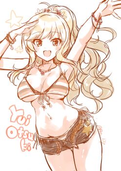 1girl :d arms_up artist_name bead_bracelet bead_necklace beads bikini blonde_hair blush bracelet breasts character_name commentary_request cowboy_shot denim denim_shorts front-tie_bikini_top front-tie_top hand_on_own_forehead highres idolmaster idolmaster_cinderella_girls jewelry monochrome multicolored_bikini multiple_bracelets navel necklace ohtsuki_yui open_clothes open_fly open_mouth open_shorts paopao ponytail sepia short_shorts shorts side-tie_bikini_bottom smile solo standing star_(symbol) string_bikini swimsuit teeth underboob upper_teeth_only