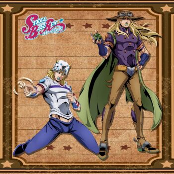 2boys armband ball beanie belt belt_buckle blue_bridal_gauntlets blue_eyes blue_lips blue_nails blue_pants bridal_gauntlets brown_belt brown_hat brown_pants buckle cape colored_shoe_soles cowboy_hat goggles goggles_on_headwear green_cape green_lips gyro_zeppeli hand_on_own_hip hat heart_ornament high_collar highres holding holding_ball holster horse_print horseshoe_hat_ornament horseshoe_ornament johnny_joestar jojo_no_kimyou_na_bouken jojomelhoranim kneeling logo long_hair makeup male_focus medium_hair multiple_boys official_style orange_sleeves pants pointing purple_armband purple_shirt purple_sleeves red_sleeves shirt short_sleeves spurs standing star_(symbol) star_print steel_ball_(jojo) steel_ball_run two-tone_sleeves white_hat white_sleeves wristband