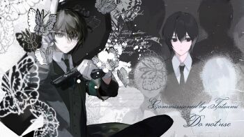 1boy armband black_eyes black_hair black_jacket black_necktie black_vest coffin collared_shirt commentary_request double-parted_bangs dual_wielding e.g.o_(project_moon) expressionless gloves green_armband gun hair_between_eyes handgun highres holding holding_gun holding_weapon jacket korean_commentary limbus_company lobotomy_corporation_(identity)_(project_moon) looking_at_viewer lying male_focus monarch_butterfly monaxia_1212 multiple_views necktie official_alternate_costume on_back people project_moon shirt short_hair sidelighting silhouette solemn_lament_(e.g.o) vest weapon white_gloves white_shirt yi_sang_(project_moon)