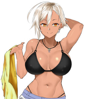1girl arm_behind_head artist_request bikini black_bikini blonde_hair breasts closed_mouth commentary_request copyright_request dark-skinned_female dark_skin denim denim_shorts highres holding holding_unworn_clothes jewelry large_breasts looking_at_viewer navel necklace second-party_source shinki_itten short_hair shorts simple_background smile solo swimsuit white_background yellow_eyes