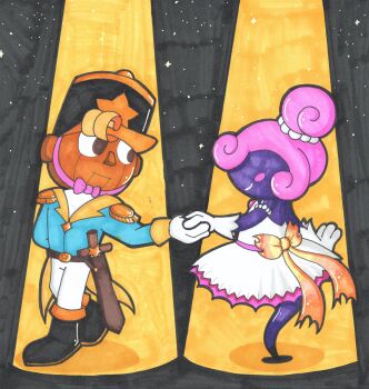 1boy 1girl absurdres belt black_footwear black_headwear blonde_hair blue_suit blush_stickers boots bow brown_eyes clara_(the_nutcracker) collared_coat collared_jacket colored_skin cosplay dancing doll_joints dress dress_bow epaulettes formal_clothes geno_(mario) ghost_tail gloves hat highres holding_hands jacket joints kepi light_blue_jacket mario_(series) marker_(medium) military_hat miss_d nintendo off-shoulder_dress off_shoulder pants paper_mario paper_mario:_the_thousand-year_door pearl_hair_ornament pink_hair puppet purple_skin star_(symbol) star_print suit super_mario_rpg sword the_nutcracker the_nutcracker_(character) topknot toy_soldier traditional_media updo vivian_(paper_mario) waltz_(dance) weapon white_dress white_gloves white_pants wooden_sword yellow_bow