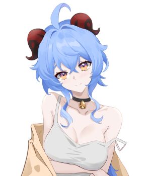 Rule 34 | 1girl, absurdres, ahoge, alternate costume, arm under breasts, bare shoulders, bell, black choker, blue hair, blush, breasts, choker, cleavage, closed mouth, collarbone, commentary, ganyu (genshin impact), genshin impact, head tilt, highres, horns, large breasts, long hair, looking at viewer, min (min wang), neck bell, orange eyes, simple background, smile, solo, strap slip, tank top, upper body, white background, white tank top