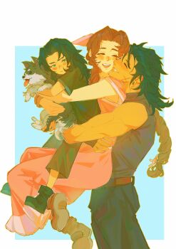 1girl 2boys absurdres aerith_gainsborough animal animal_hug bare_shoulders belt black_hair blue_eyes blush boots braid braided_ponytail brown_boots brown_hair child commentary couple crisis_core:_final_fantasy_vii cross_scar dog dress earrings english_commentary facial_scar family father_and_son final_fantasy final_fantasy_vii hair_ribbon hetero highres hug hug_from_behind if_they_mated jewelry long_hair lumiaeria mother_and_son multiple_boys open_mouth pants parted_bangs parted_lips pink_dress pink_ribbon ponytail ribbon scar scar_on_cheek scar_on_face shorts sleeveless sleeveless_turtleneck smile stud_earrings sweater turtleneck turtleneck_sweater zack_fair