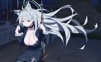 1girl absurdres animal_ear_fluff animal_ears black_dress black_eyes blue_archive breasts bright_pupils cleavage closed_mouth commentary_request dress extra_ears fanshuimucishen floating_hair grey_hair grey_halo halo highres large_breasts long_hair long_sleeves mismatched_pupils on_swing shiroko_terror_(blue_archive) solo swing swing_set very_long_hair white_pupils wolf_ears wolf_girl