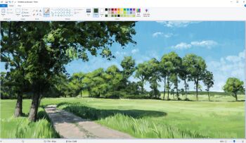 art_program_in_frame blue_sky christian_young cloud cloudy_sky day english_text forest highres landscape microsoft_paint_(medium) microsoft_paint_(software) mountainous_horizon nature no_humans original outdoors painterly path road scenery screencap sky tree