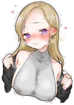 1girl absurdres bad_id bad_pixiv_id barbell_piercing bare_shoulders blonde_hair blush breasts closed_mouth collarbone covered_collarbone covered_erect_nipples ear_blush earrings heart heart-shaped_pupils highres hoop_earrings jewelry long_hair looking_at_viewer lst9k nipple_piercing original piercing pink_pupils pinky_ring purple_eyes ring simple_background smile solo sparkle steam steaming_body sweat symbol-shaped_pupils trembling turtleneck upper_body