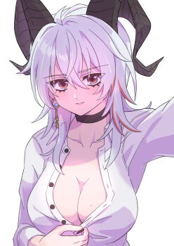 1girl ahoge black_choker black_horns breasts choker closed_mouth collarbone collared_shirt commentary_request curled_horns earrings gebet610 hair_between_eyes highres horns jewelry key_earrings large_breasts light_smile looking_at_viewer mole mole_on_breast mole_under_eye multicolored_hair partial_commentary red_eyes shirt simple_background solo streaked_hair unbuttoned unbuttoned_shirt unbuttoning upper_body white_background white_shirt wuthering_waves zani_(wuthering_waves)