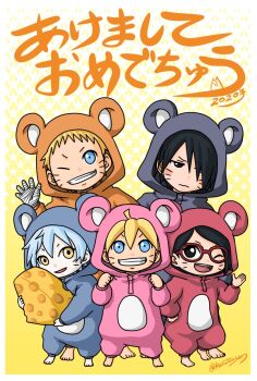 1girl 2020 4boys animal_costume bandaged_hand bandages barefoot black_eyes black_hair blonde_hair blue_eyes blue_hair boruto:_naruto_next_generations cheese chinese_zodiac commentary_request facial_mark father_and_daughter father_and_son food frown glasses grin hair_over_one_eye holding holding_food karutonsan mitsuki_(naruto) mouse_costume multiple_boys naruto_(series) one_eye_closed open_mouth pale_skin red-framed_eyewear smile translation_request twitter_username uchiha_sarada uchiha_sasuke uzumaki_boruto uzumaki_naruto waving whisker_markings year_of_the_rat yellow_eyes