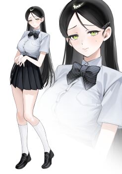 Rule 34 | 1girl, absurdres, black hair, black shoes, black skirt, blush, bow, bowtie, breasts, commentary, green eyes, hair ornament, hairpin, highres, kneehighs, large breasts, long hair, looking at viewer, miniskirt, multiple views, original, parted bangs, pecora (udpf2448), pleated skirt, school uniform, shirt, shoes, short sleeves, simple background, skirt, socks, standing, sweatdrop, white shirt, white socks