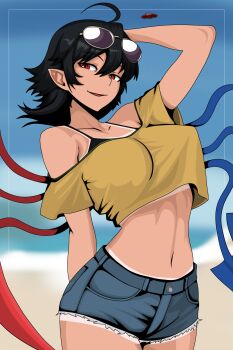 1girl alternate_costume arm_behind_back asymmetrical_wings beach bikini bikini_under_clothes black_bikini black_hair blue_sky blue_wings blurry blurry_background breasts commentary denim denim_shorts eyewear_on_head hair_between_eyes hand_on_own_head highres houjuu_nue kinoshii-shroom large_breasts looking_at_viewer medium_hair midriff mixed-language_commentary navel ocean off-shoulder_shirt off_shoulder outdoors parted_lips pointy_ears red_eyes red_wings shirt shorts sky smile solo sunglasses swimsuit tan tanline touhou two-tone_wings wings yellow_shirt