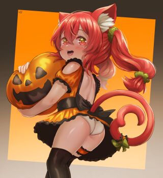 +_+ 1girl :d animal_ear_fluff animal_ears ass back_bow backless_outfit black_bow black_thighhighs blush born-to-die bow cat_ears cat_tail commentary commission cowboy_shot dress dress_bow english_commentary fangs frilled_thigh_strap from_behind green_bow green_scrunchie hair_between_eyes hair_ornament hair_scrunchie halloween heart heart_tail highres indie_virtual_youtuber jack-o'-lantern loli long_hair looking_at_viewer looking_back niwwu_(vtuber) open_mouth orange_background orange_dress panties red_hair red_tail scrunchie short_sleeves signature simple_background skindentation smile solo standing tail tail_bow tail_ornament thigh_strap thighhighs tongue twintails underwear virtual_youtuber white_panties