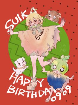1girl age_difference aged_down aged_up birthday blonde_hair cactus character_name child cloak commentary_request dated dog dr._stone e=mc2_(equation) food fruit full_body hair_between_eyes happy_birthday highres loli multiple_girls ninomae_gin open_mouth orange_eyes outstretched_arms personification pig poncho red_background rope rope_around_neck short_hair signature smile spread_arms suika_(dr.stone) torn_clothes watermelon white_rope