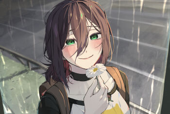 1girl absurdres backpack bag black_choker black_hair blush chainsaw_man choker closed_mouth flower green_eyes grenade_pin hair_between_eyes highres holding holding_flower inta_dayo portrait rain reze_(chainsaw_man) smile solo white_flower