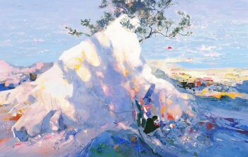 1other highres landscape licheng199 mountain oil_painting_(medium) original painting_(medium) rock scenery sidelighting sky solo traditional_media tree village