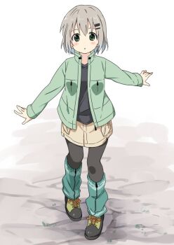 1girl black_pantyhose black_shirt blush boots commentary_request full_body green_eyes green_jacket grey_hair hair_between_eyes hair_ornament hairclip jacket leg_warmers long_sleeves looking_at_viewer oge_(ogeogeoge) open_clothes open_jacket pantyhose shirt short_hair skirt solo standing yama_no_susume yukimura_aoi