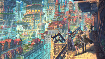 3boys 3girls animal_ears armor barrel black_boots black_hat blonde_hair blue_bow blue_ribbon boots bow bridge brown_boots brown_hair closed_mouth commentary_request dark-skinned_male dark_skin day elf fantasy flower_pot fox_ears fox_girl fox_tail gloves green_eyes green_hair grey_hair hat hat_bow hat_ribbon highres holding holding_staff ladder lamppost looking_at_another multiple_boys multiple_girls nagi_itsuki original outdoors plant pointy_ears ponytail potted_plant railing red_eyes ribbon scenery short_hair smile staff tail trowel watering_can white_gloves window witch_hat